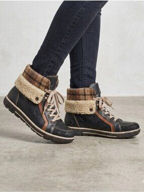 Rieker Fleece Lined Foldover Leather Combat Boots Euro 38